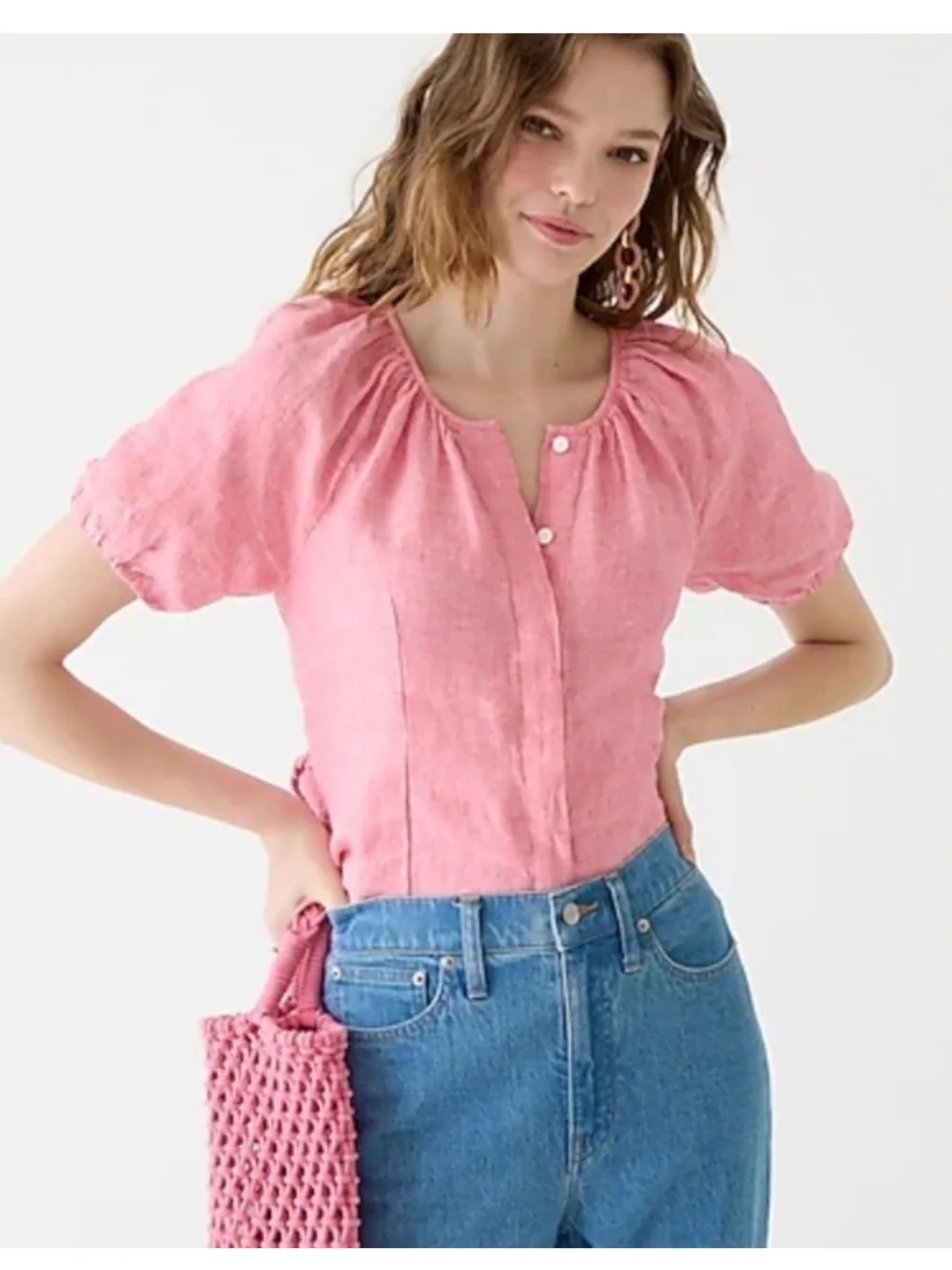 J. Crew V-back 100% linen top Sz 8 pink button front puff sleeves